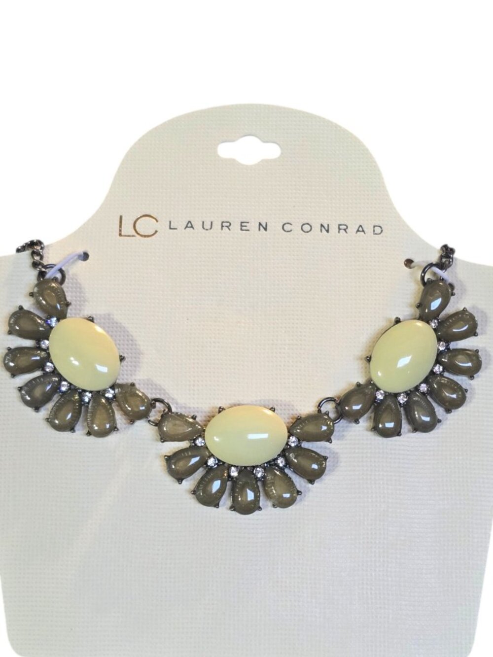 LC LAUREN CONRAD Gunmetal Plates Green Resin Rhinestone Statement Necklace NWT
